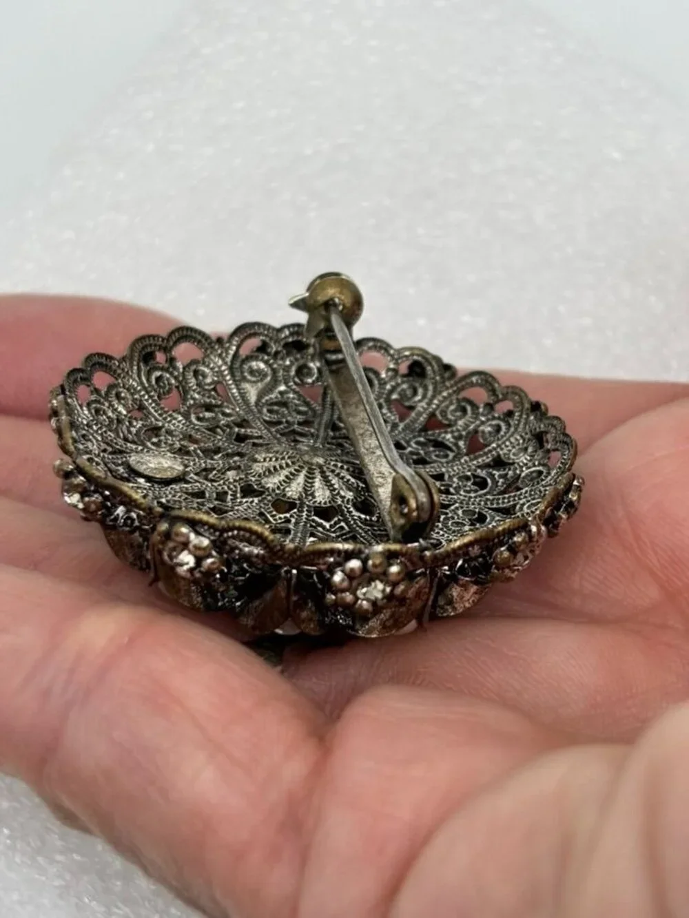 Vintage West Germany High Dome Brooch W/Crystal Faux Pearls Filigree Silver-Tone